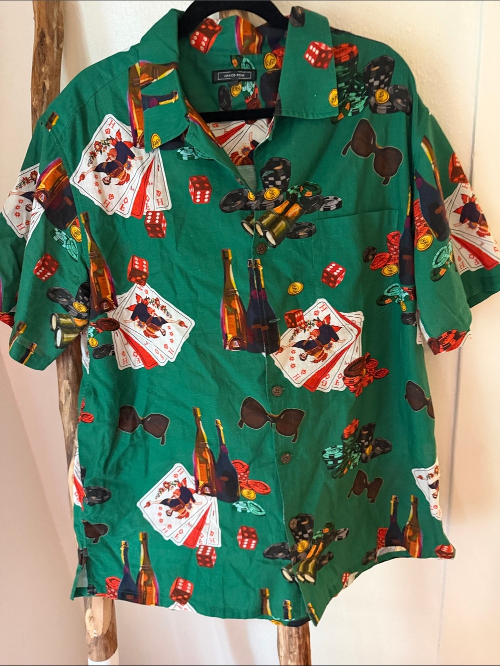 Men’s Cotton Green Casino Poker Beer Novelty Print Short Sleeve Button Shirt XL